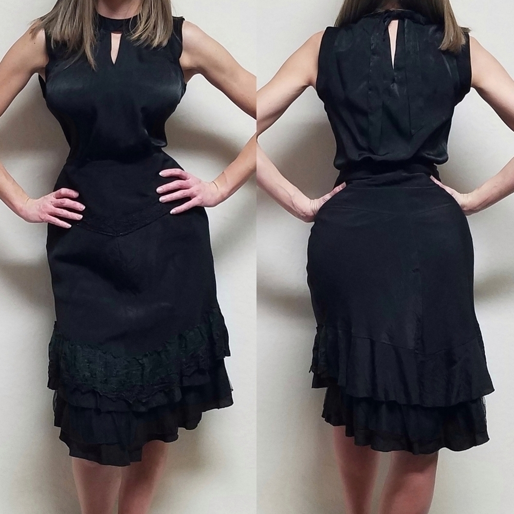 PRETTY Angel OOAK Goth Black Satin Silk Linen Lace Blouse Ruffle Skirt Set Med